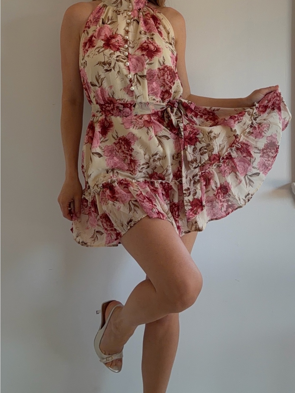 Coquette Floral Halter Mini Dress Ruffle Pearl Button HELLO MOLLY Pink Cream XS